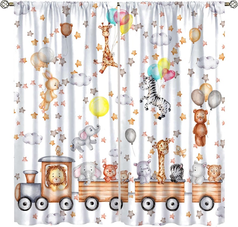 AAVEUP Cartoon Animal Curtains for Kids,Funny Cute Watercolor Forest Animals Lion Giraffe Balloon Bear Stars Window Treatments for Nursery Baby Toddler Boys Girls Bedroom Living Room 42x45in（No Blackout） - Image 1